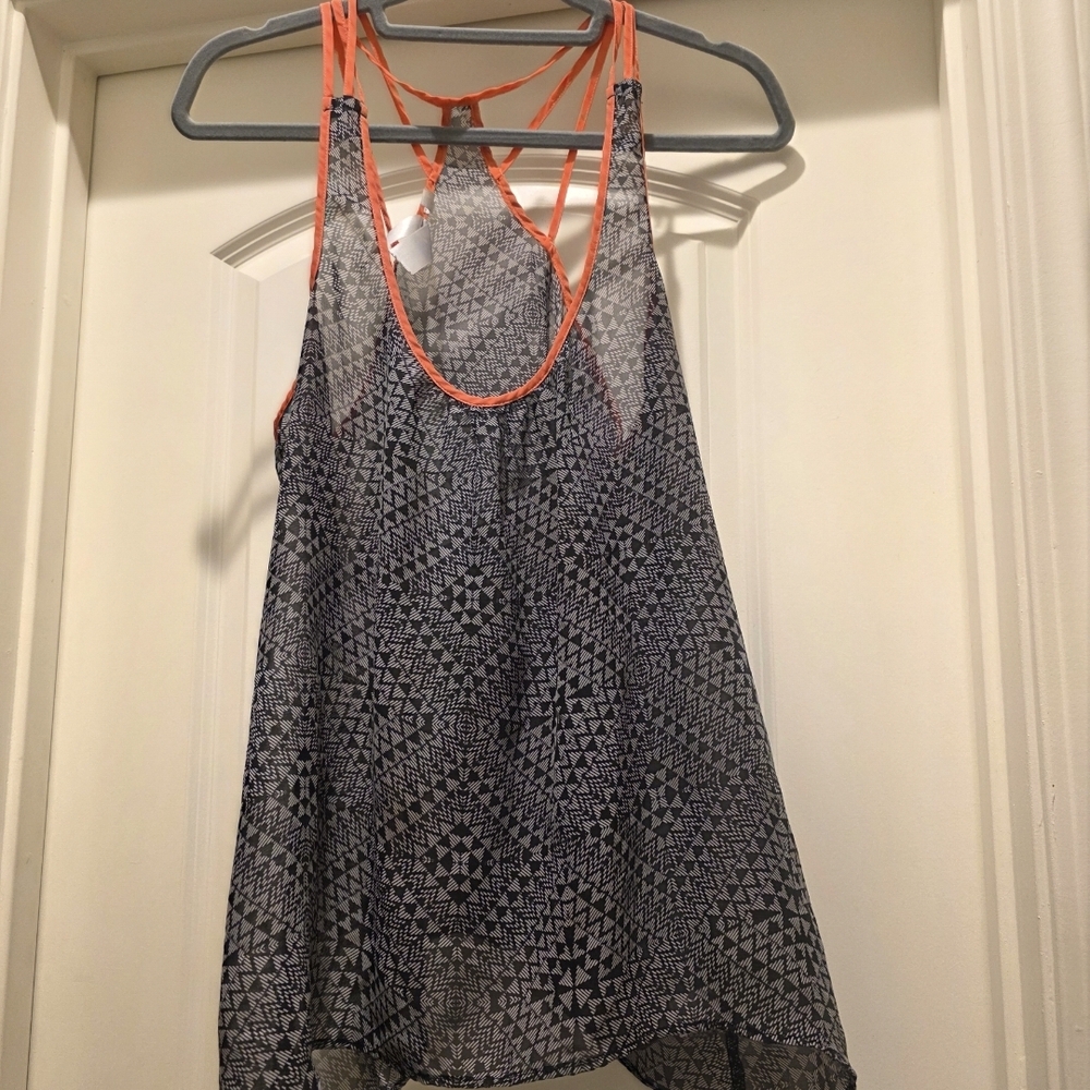 Society Women's Tank Top with Orange and Black Geometric Design